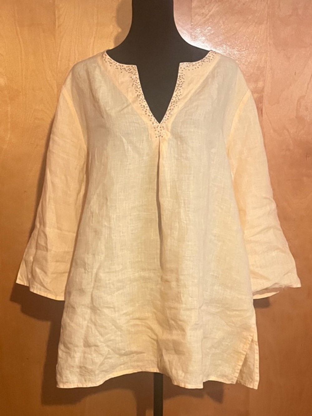 Eileen Fisher Large Golden Yellow Linen V-Neck Tunic with Sequin Detail